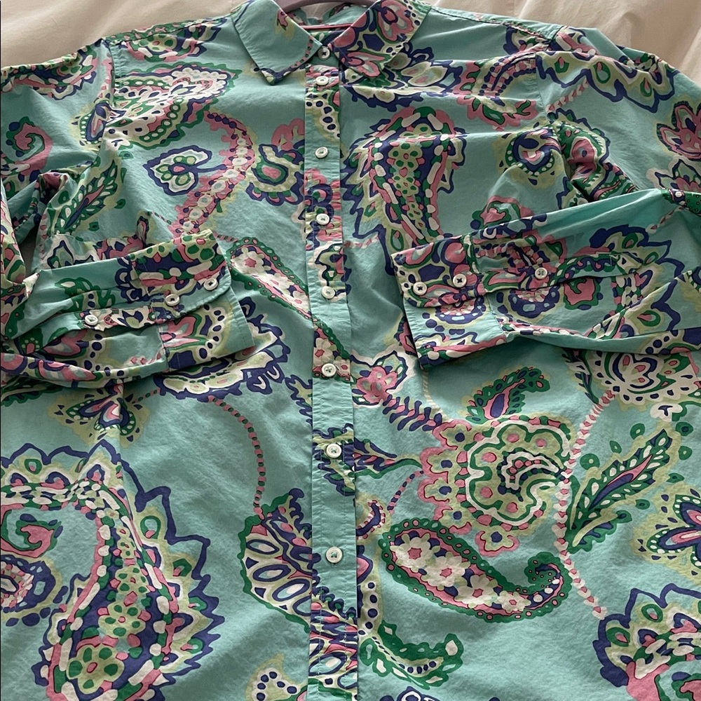 Talbots 100% Cotton Mint Green Paisley Button-Up Shirt with Pink n Navy Accents - Picture 6 of 12